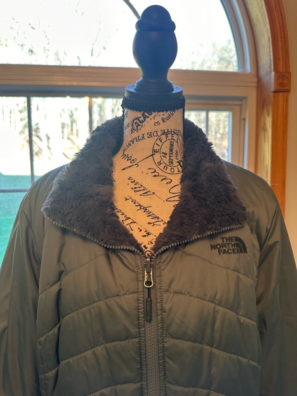 The North Face Olive Quilted Jacket with Dark Faux Fur Collar